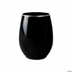 New 🧨 12 oz. Black with Silver Elegant Stemless Plastic Wine Glasses (32 Glasses) ❤️