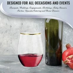 Cheap 🧨 12 oz. Clear with Gold Elegant Stemless Plastic Wine Glasses (32 Glasses) 🤩 -Drinkware by "Anniversary" Shop 12 oz clear with gold elegant stemless plastic wine glasses 32 glasses14274291 a05