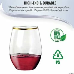 Cheapest ⌛ 16 oz. Clear with Gold Elegant Stemless Plastic Wine Glasses (32 Glasses) ⭐ -Drinkware by "Anniversary" Shop 16 oz clear with gold elegant stemless plastic wine glasses 32 glasses14273969 a02
