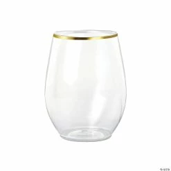 Buy 👏 16 oz. Clear with Gold Elegant Stemless Plastic Wine Glasses (64 Glasses) ❤️