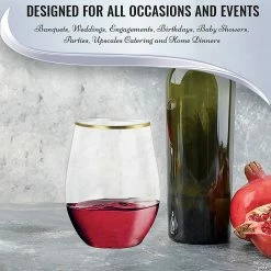 Buy 👏 16 oz. Clear with Gold Elegant Stemless Plastic Wine Glasses (64 Glasses) ❤️ -Drinkware by "Anniversary" Shop 16 oz clear with gold elegant stemless plastic wine glasses 64 glasses14273970 a03