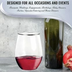 Buy 🌟 16 oz. Clear with Silver Elegant Stemless Plastic Wine Glasses (64 Glasses) 🛒 -Drinkware by "Anniversary" Shop 16 oz clear with silver elegant stemless plastic wine glasses 64 glasses14273972 a03